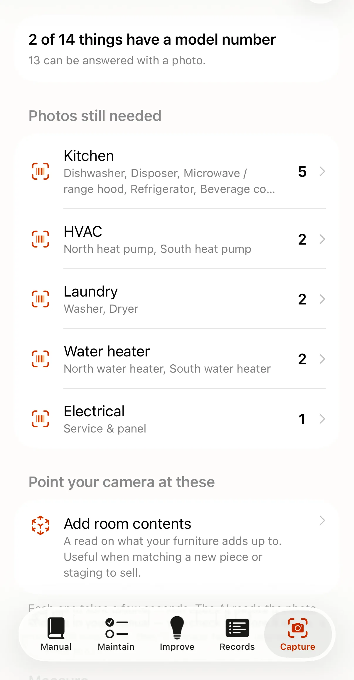 The same app on the Capture tab, listing the rooms whose equipment still needs a photograph — kitchen, HVAC, laundry, water heater and electrical panel — with how many are outstanding in each