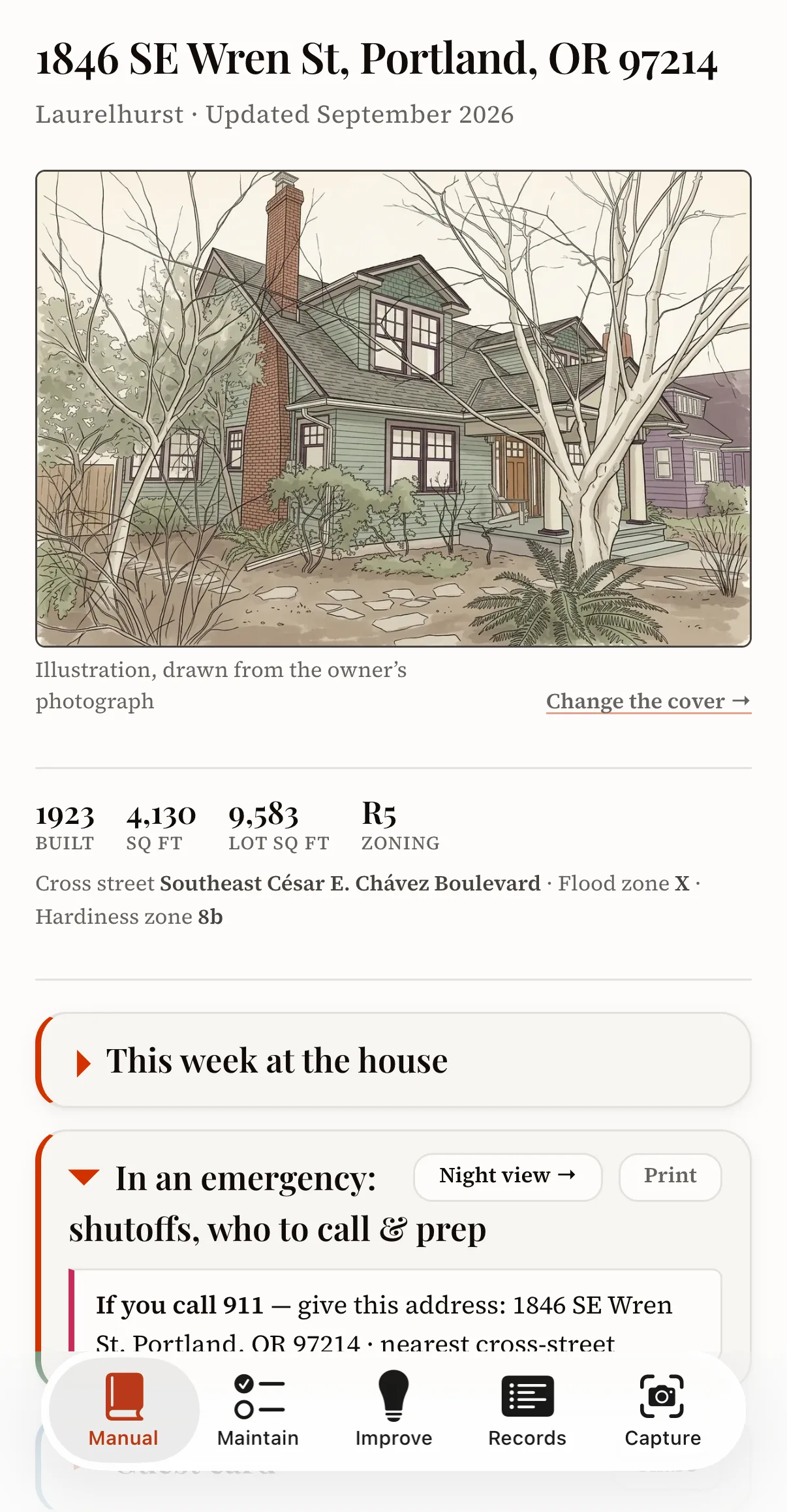 The Home Manual app on a phone, open on the Manual tab: an illustrated cover of the house above the year it was built, its floor area, lot size and zoning